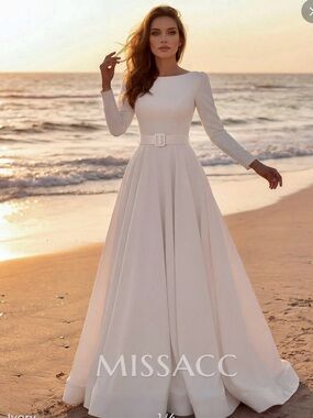 Ivory Long-Sleeve Belted A-Line Wedding Dress
